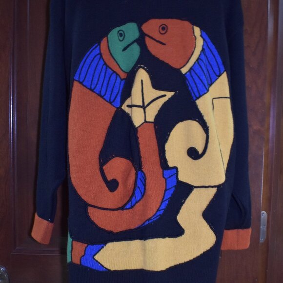 VTG CRISCA by Escada Fish Print Color Block Wool Cardigan Sweater Sz Large Rare - Picture 9 of 16